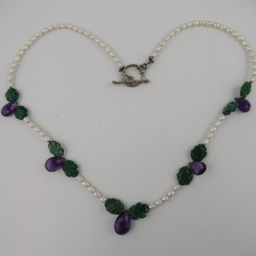 Amethyst, Moss Agate And Pearls "String Of Grapes" - image 1